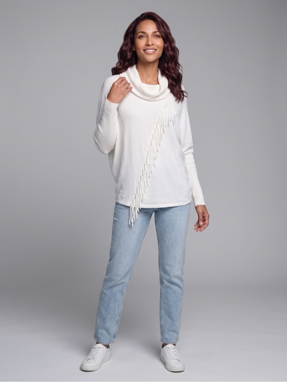 Marble Scotland White Cotton Knit Cowl Neck Fringe Sweater XS Boho / Oversized